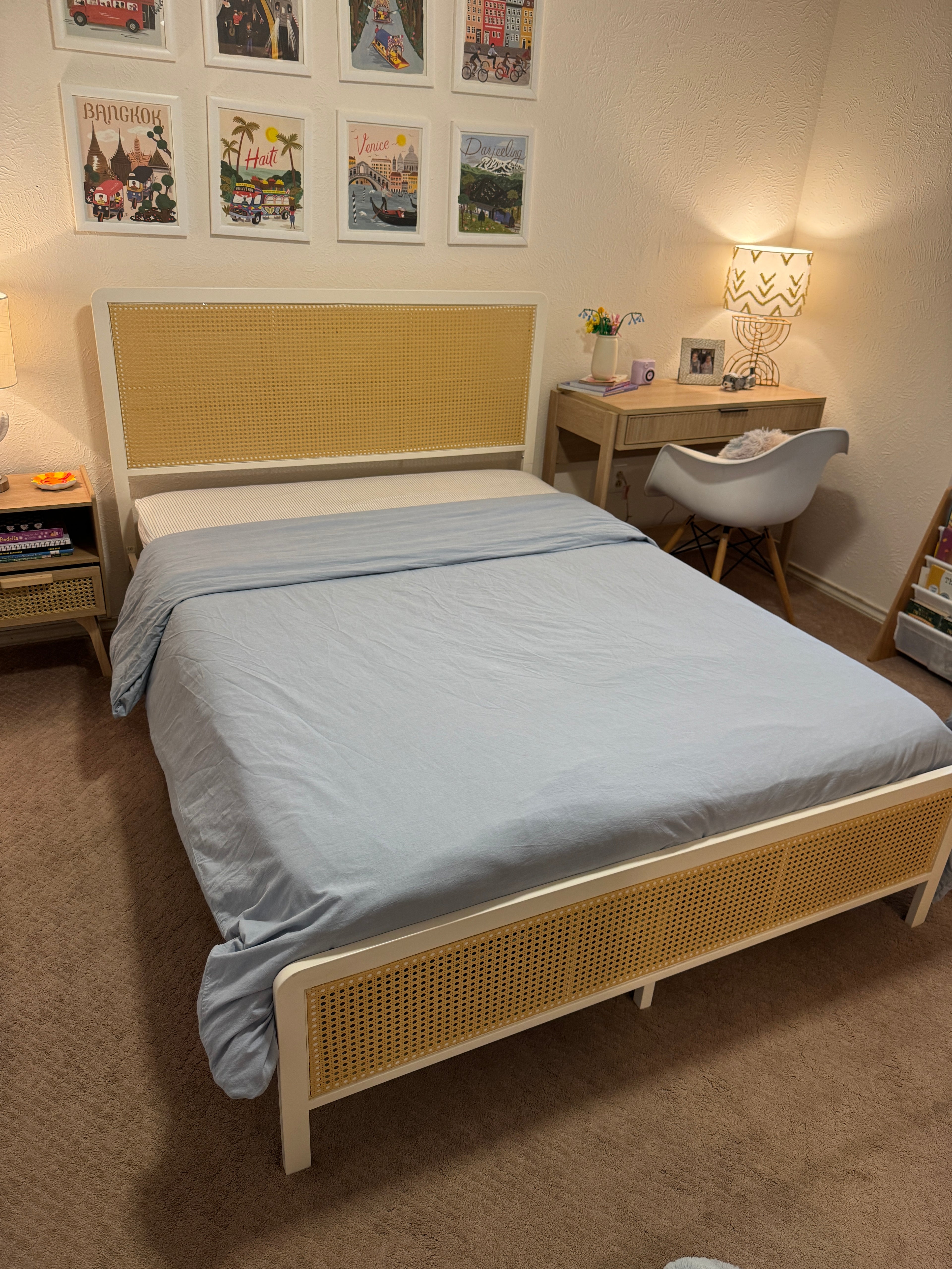 Full Size Rattan Bed Frame with Headboard + Mattress