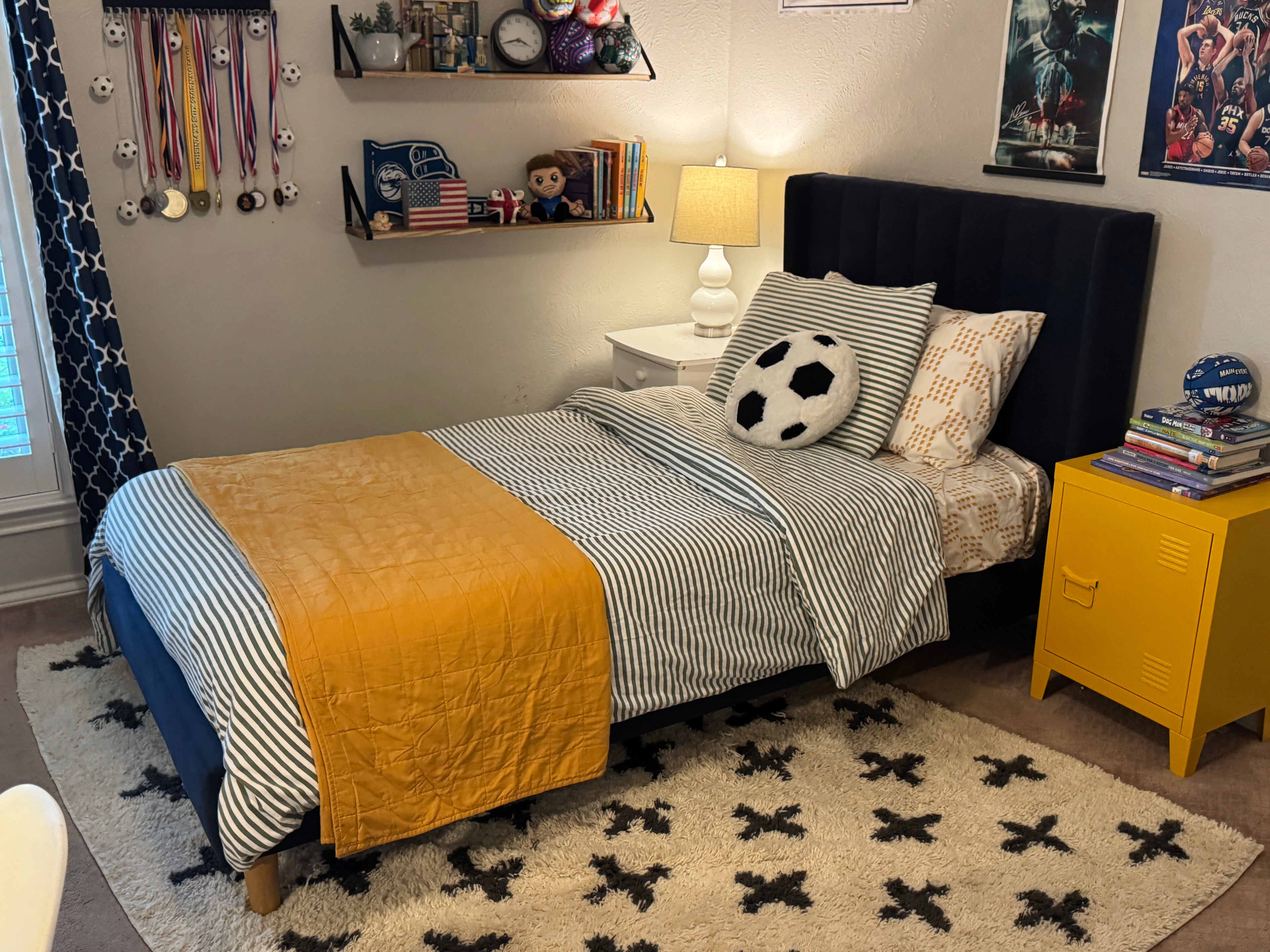 Blue upholstered twin bed frame