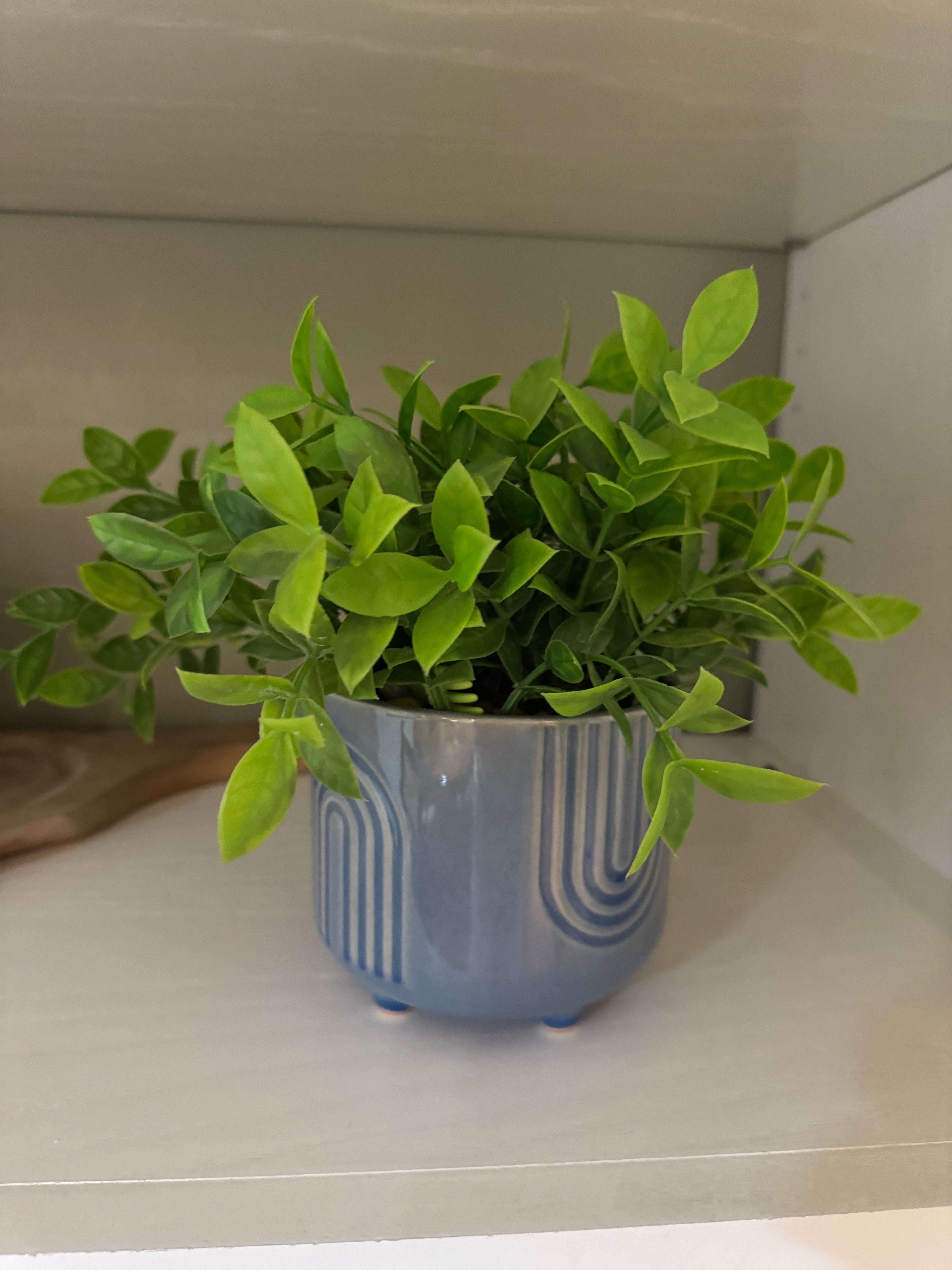 Faux plant in light blue pot