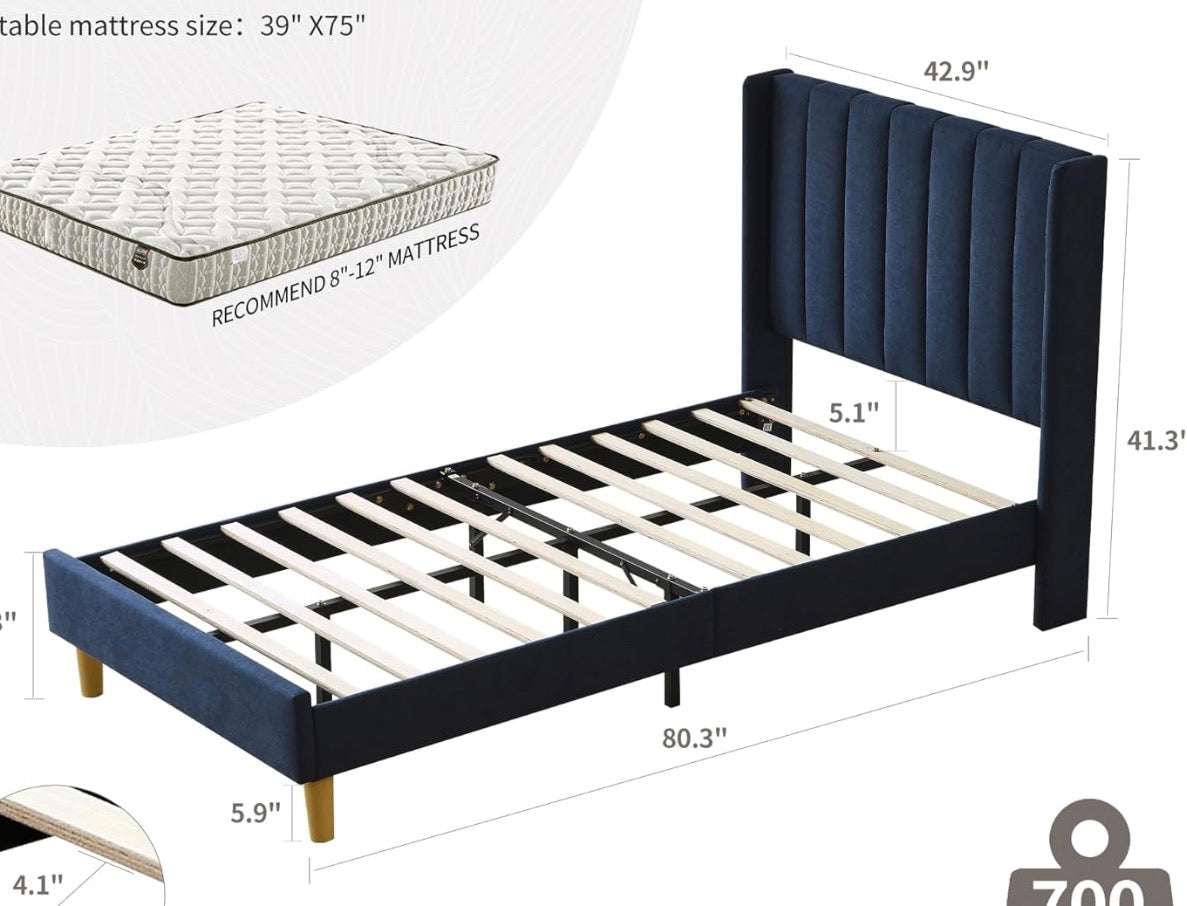 Blue upholstered twin bed frame