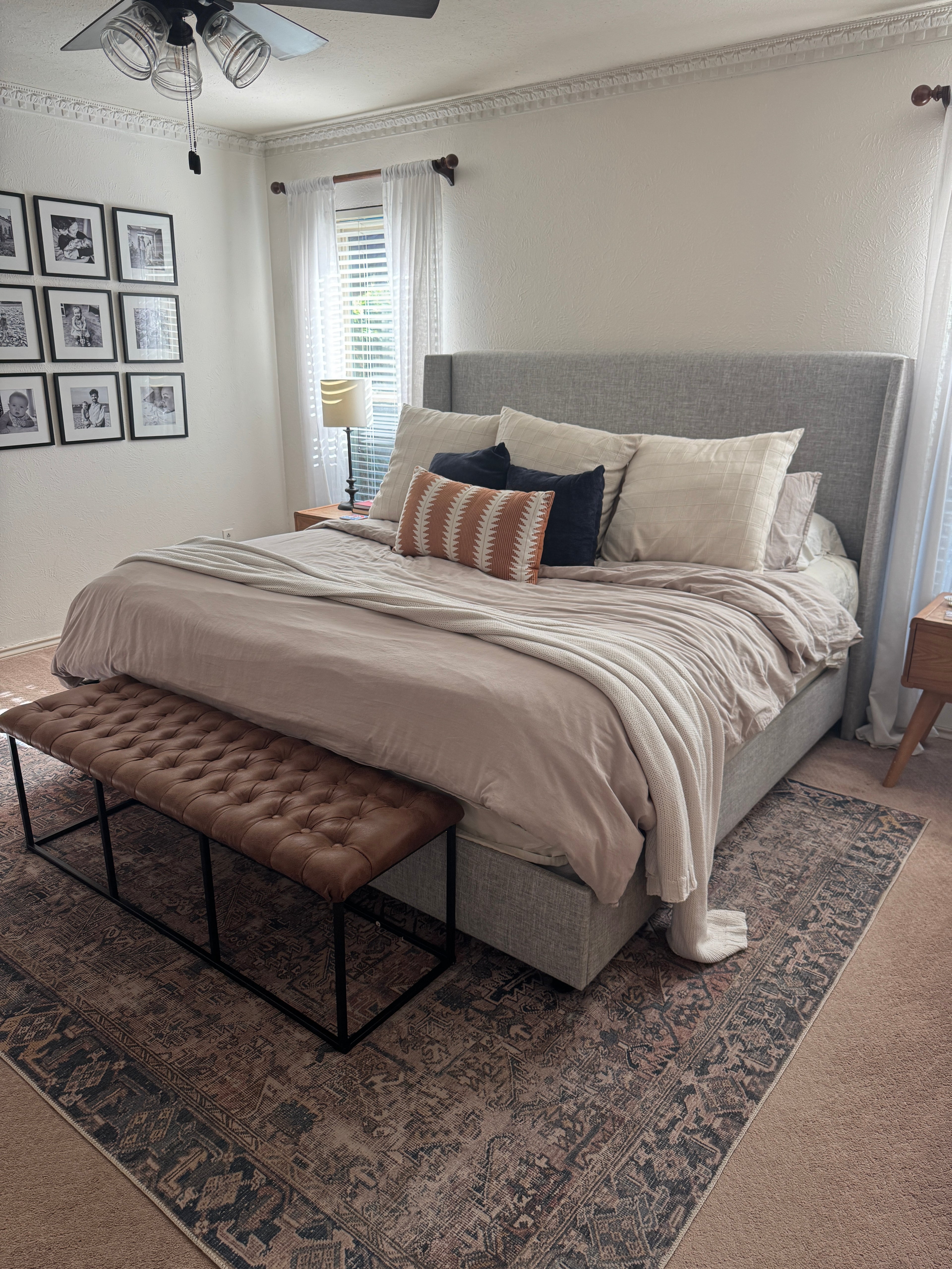 King Upholstered Bed + Mattress + Topper